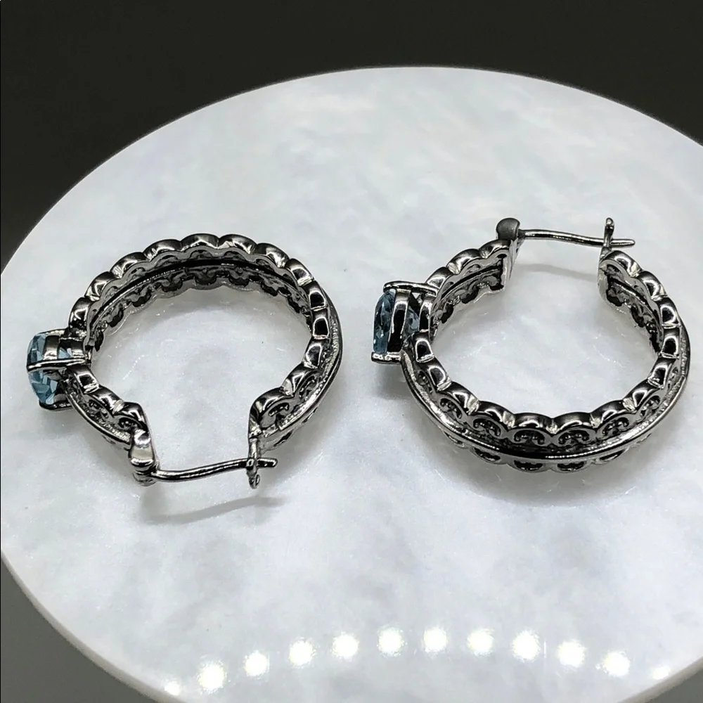 EverTrue Sky Blue Topaz Heart Hoop Earrings Stainless Steel Statement Style NEW